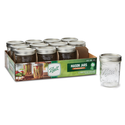 Ball Pint Size Glass Mason Jars with Lids & Bands, Wide Mouth, Clear, 16 oz, 12 Count