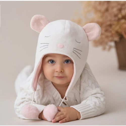 Whisper White Mouse Aviator Knit Baby Hat – Elegant Baby