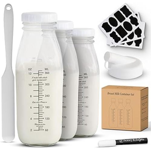 Breast Milk Pitcher | Set of 3 Glass Breastmilk Storage Bottles, Pour Spout & Silicone Spatula | Breast Milk Container w/ Chalkboard Labels & Pen | Ideal Breastmilk Storage Pitcher for Baby Shower