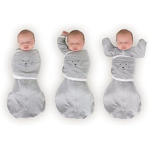 SwaddleDesigns Omni Swaddle Sack Arms Up Half-Length Sleeves & Mitten Cuffs, Easy Swaddle Transition, Gray, Cute Animal Face