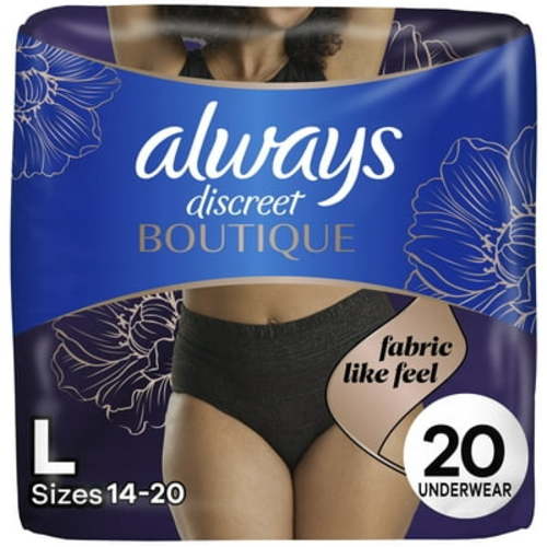 Always Discreet Boutique Incontinence and Postpartum Underwear for Women, Maximum Protection, L, Black, 20 Count