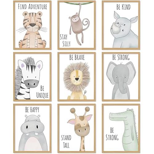 Whaline 9Pcs Baby Safari Nursery Wall Decor Inspirational Quotes Paper Print Lion Elephant Tiger Art Posters Watercolor Animal Painting Picture for Nursery Baby Children's Room, 8 x 10 Inch (Unframed)