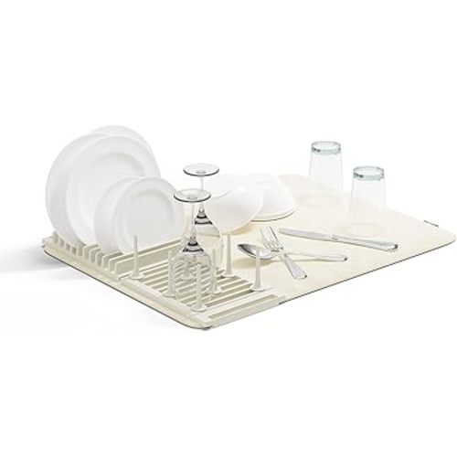 Umbra Udry Rack and Microfiber Dish Drying Mat-Space-Saving Lightweight Design Folds Up for Easy Storage, Standard, Linen