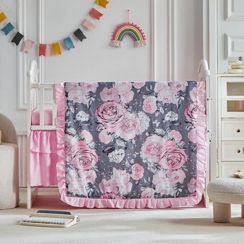 3 Pieces Flowers Crib Bedding Set Baby Ruffled Quilted Comforter with Fitted Sheet and Bed Skirt - Cute Ruffled Shabby Chic Baby Bedding Soft Blanket Gray Pink Rose Floral Design