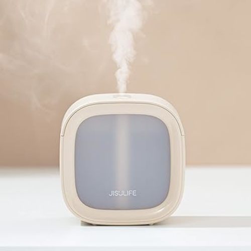 JISULIFE Portable Mini Humidifier Rechargeable, Night Light Small Humidifier for Bedroom 280ml, Cool Mist Humidifiers for Baby, Air humidifier for Plants, Desktop, Office, Sleep, Travel -Beige