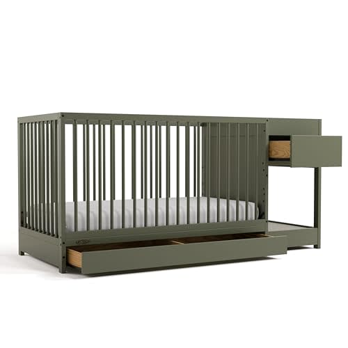 Graco Teddi 5-in-1 Convertible Crib & Changer with Drawer (Olive) – GREENGUARD Gold Certified Baby Crib Crafted from Wood, Converts to Toddler Bed, Daybed, and Full-Size Bed