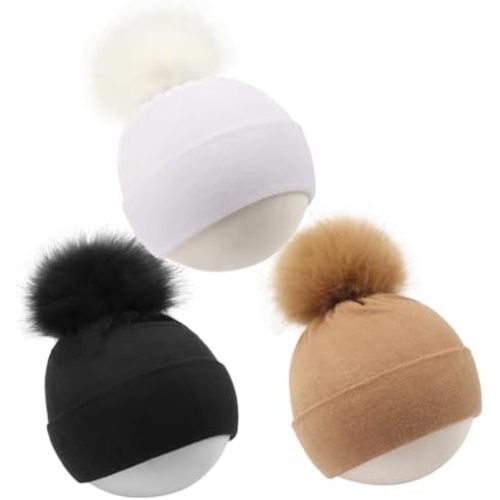 DANMY Baby Beanie Hat, Infant Toddler Warm Cotton Hat with Pom,Unisex Baby Soft Cotton Hats Caps