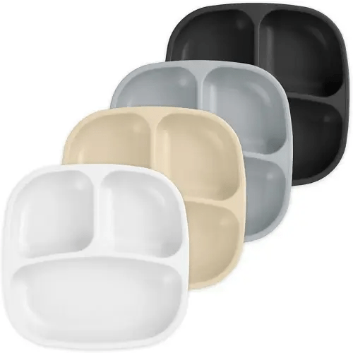Re-Play - 4 Pack 7.37" Divided Plates with Deep Sides for Baby, Toddler & Child Feeding - BPA Free - Made in USA from Recycled Milk Jugs - Monochrome