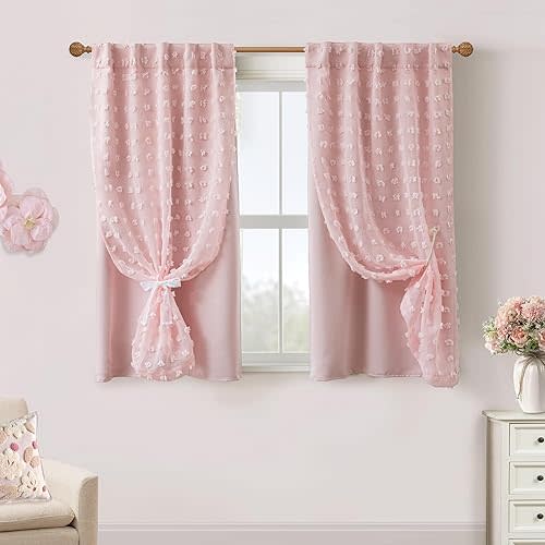 Short Curtains for Bedroom Windows,Blackout Boho Pink Sheer Overlay Pom Pom Ruffle Double Layer Privacy Curtains for Nursery Girls Room Bathroom 45 Inch Length