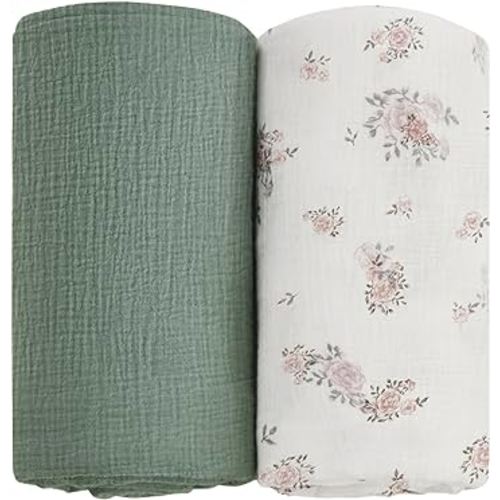 Neutral Cotton Soft Muslin Swaddle Blankets,2 Pack of 47 * 47 Inch Large Muslin Blankets,Muslin Baby Blanket for Newborn Cribs (light green & Floral)
