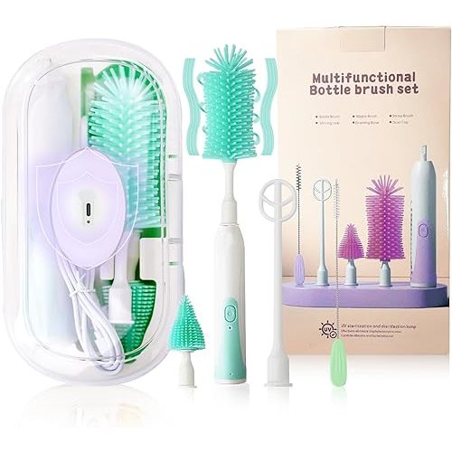Electric Bottle Brush,Electric Baby Bottle Brush Set with Silicone Bottle/Pacifier/Straw Brush and Mixing Head, Water Bottle Cleaner Brush with Drying Rack, 2 Modes & 360° Rotation (Green)