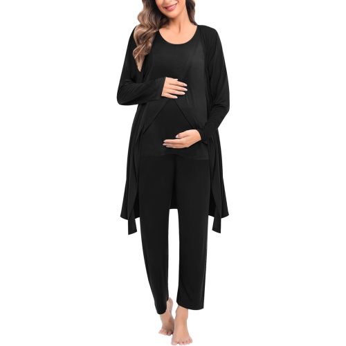 SWOMOG Maternity Nursing Robe Set 3 PCS Postpartum Breastfeeding Pajamas Hospital Pregnancy Pjs Double Layer Lounge Set