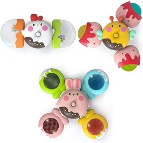 LiKee Strong Suction Cup Fidget Spinnerz Sensory Bath Toys for Baby 12 18 Months Airplane Car Travel Table & Window Toys for 1 2 Years Old Toddler Boys and Girls (Candy)