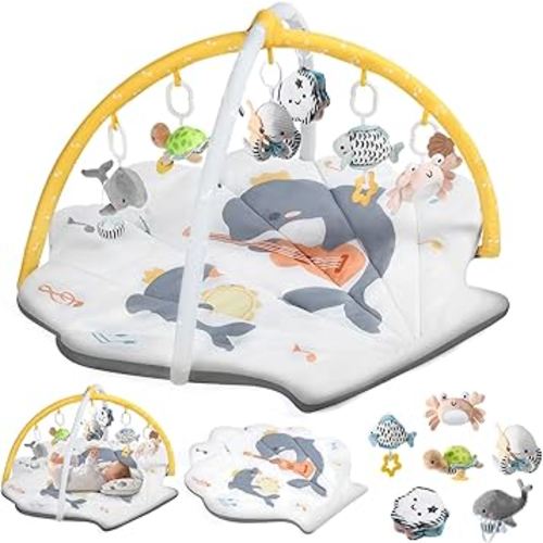 Shell Baby Play Mat, Play Mat for Babies 0-6 6-12 Months, Tummy Time Mat w 6 Detachable Toys, Enlarged Infant Activity Mat for Sensory & Motor Skill Development Boho Ocean Theme Baby Play Gym (White)