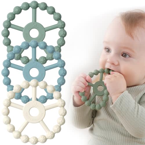 3 Pack Ring Teether Baby Infant Toys, Silicone Teething Ring Toys for 0-6 Months, Seposeve Baby Teethers 6-12 Months 12-24 Months, Easy to Grasp Toy, Teething Relief, Green Blue White