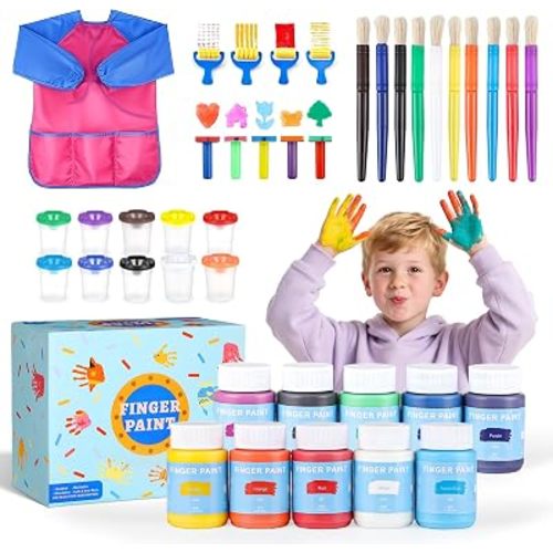 TMOL Washable Paint for Kids, 10 Colors (2 fl oz) 40 Pcs Non-Toxic Finger Paint Kit with Brushes, Sponge, Smock, Toddler Art Supplies for Painting, Craft & School Projects