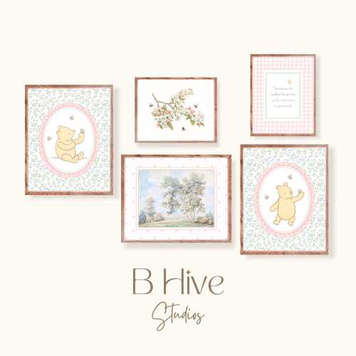 Winnie the Pooh with Butterflies Nursery Art, Vintage Wall Prints, Pink Blue, Classic Winnie Nursery Decor, Flower Art, Girls Printable Art