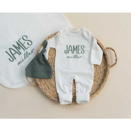 Embroidered Newborn Coming Home Outfit Hat with Blanket Hospital Outfit Gift for Baby Shower Forest Green