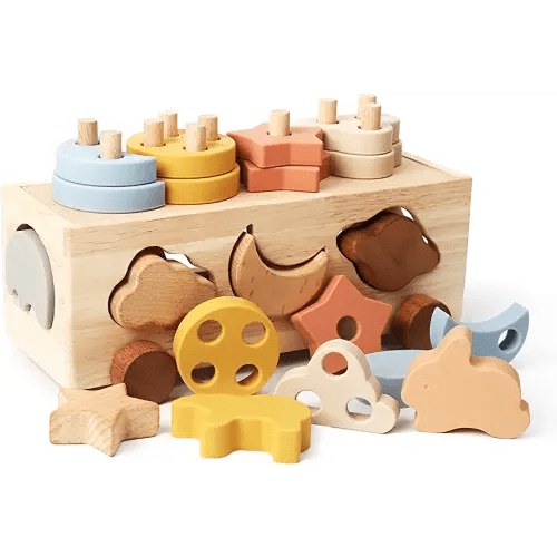 Shape Sorter Toys for Toddlers 1-3 Montessori Stack Toy Car for 1 Year OldBaby Blocks Sorting Wooden&Silicone Educational Car Stacking Toys Montessori Toy1 2 3 Year Old Girls Boys Gifts