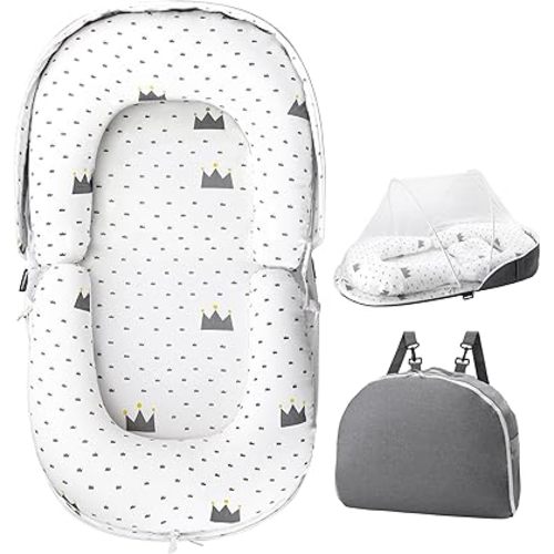AmazingLife Baby Lounger, Newborn Lounger with Mosquito Net, Converts to a Backpack for Easy Carrying, Gifts for Babies Aged 0-12 Months