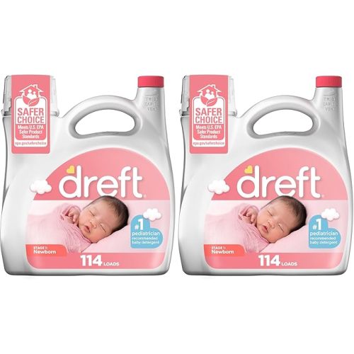 Dreft Stage 1 Newborn Baby Liquid Laundry Detergent,Gentle on Sensitive Skin,HE Compatible,114 loads,(Pack of 2)
