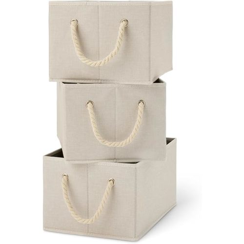 Amazon Basics Foldable Storage Bins with Rope Handles, Linen, Large, Pack of 3