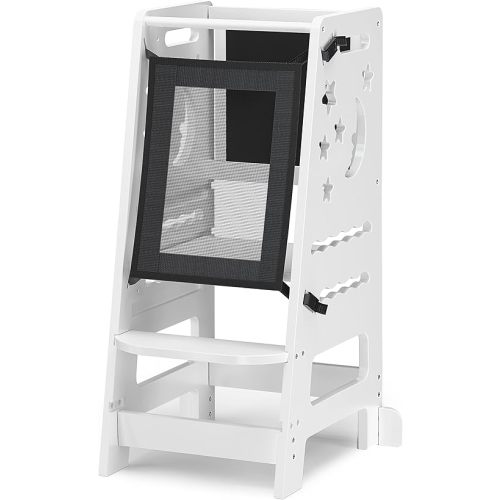 TOETOL Bamboo Toddler Kitchen Stool for Kids Step Stool - White Little Helper Tower Adjustable Height with Learning Black & White Activity Board1