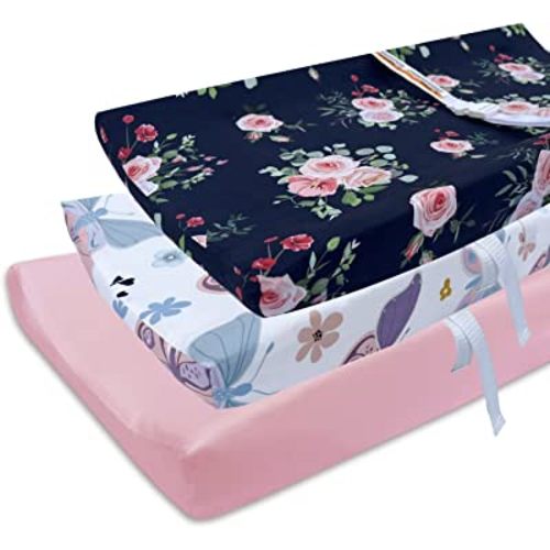 AMROSE 3 Pack Easy Care Changing Pad Covers, Ultra Soft Microfiber Diaper Change Table Sheets for Baby Boys and Girls, Floral & Butterfly & Pink