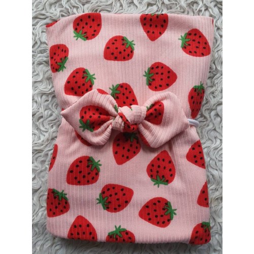 Strawberry, rib knit newborn swaddle set, swaddle blanket with matching bow headband, soft and stretchy, baby girl coming home outfit