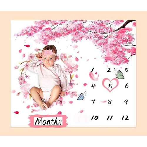 Monthly Milestone Blanket for Baby Girl, 48"x40" Pink Cherry Blossom Wreath Butterfly Memory Growth Blanket, Photo Backdrop for Baby Shower, Newborn 1-12 Months Include Marks BTCJPH107