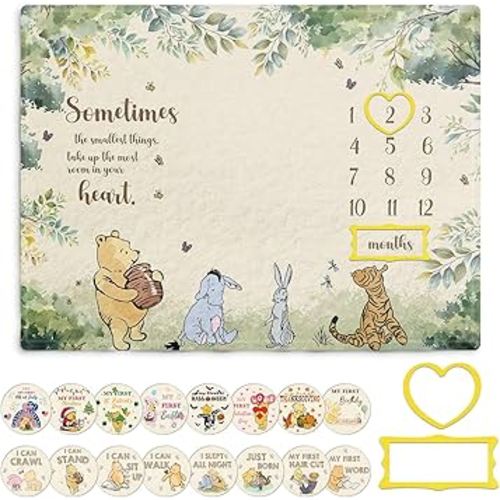 Winnie Milestone Blanket for Baby, Pooh Babies Monthly Blanket, Winnie Quotes Baby Milestone Blankets, Newborn Photography Background Decor, with 8 Holiday Cardstocks