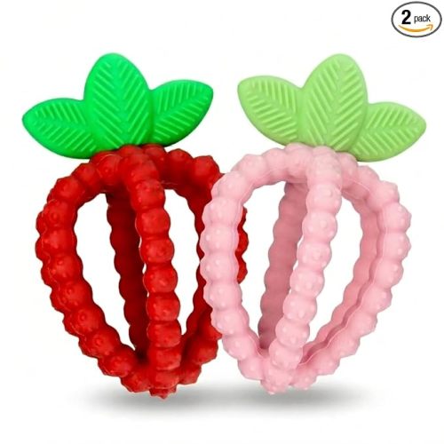 RaZbaby Silicone Infant & Baby Teething Toy, Textured BerryBumps Soothe Babies Sore Gums, RaZberry Bites Relief Teether, Back & Front Teeth, BPA Free, Fruit Shape for Babies 3M+ (Red & Pink)