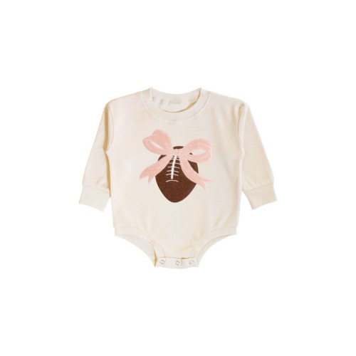 Bow Football Patch Long Sleeve Romper, 0-3M