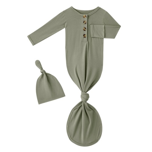 Bamboo Newborn Baby Knotted Gown and Hat Set Olive Green