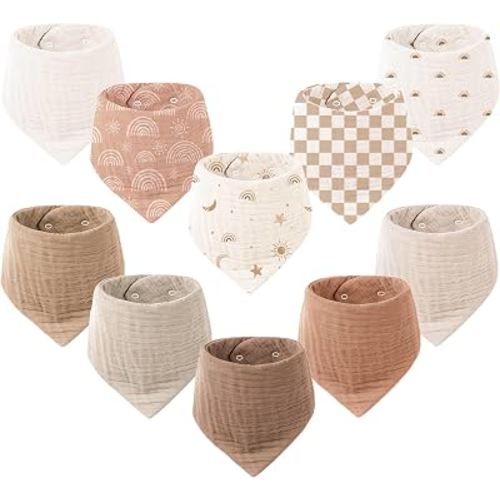 Konssy 10 Pack Baby Muslin Bandana Bibs for Drooling and Teething | 100% Organic Cotton Bibs for Boy Girl, Soft Absorbent 6-Layer Thick Cloth, Pre-Washed Less Shrinkage, Newborn Infant Toddler