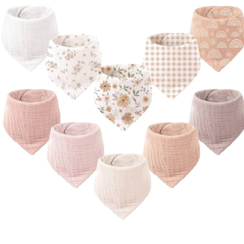 Konssy Muslin Baby Bibs 10 Pack Baby Bandana Drool Bibs 100% Cotton for Unisex Boys and Girls, Soft Absorbent Set for Teething and Drooling