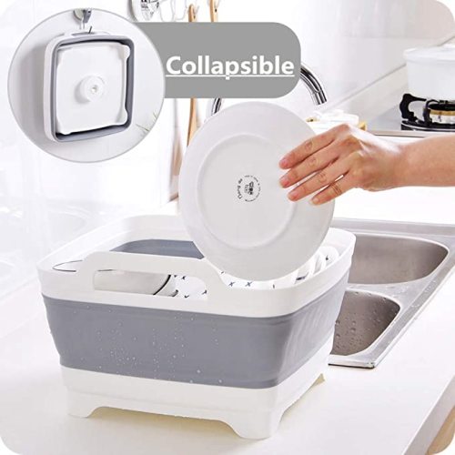 2.4 Gal(9L) Collapsible Dish Basin with Drain Plug,Space Saving Multiuse Foldable Sink Tub,Dishpan,Kitchen Sink for Camping,Plastic Tub,Vegetable Washing,Beverage Tubs - Gray