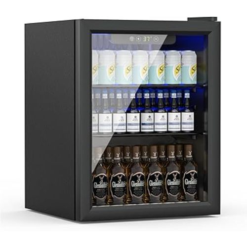 Compact Freestanding Beverage Refrigerator,70 Can/ 1.6 Cubic Feet Mini Fridge with Reversible Glass Front Door for Soda, Beer or Wine, Under Counter Small Refrigerator 2 Adjustable Shelves