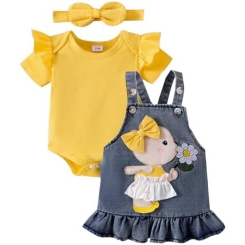 Baby Girl Clothes Newborn Baby Girl Romper Ruffle Short Sleeve Cute Bear Cartoon Jeans Skirt Outfit Set 0-18 Months