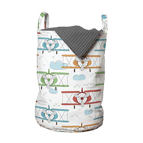 Ambesonne Airplane Laundry Bag, Vintage Single Engine Biplanes in Colorful Sketch Style Aviation Theme, Hamper Basket with Handles Drawstring Closure for Laundromats, 13" x 19", Pale Blue