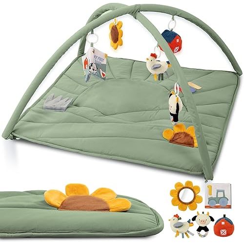 Beautiful Baby Play Gym and Tummy Time Mat - Soft Mat with 5 Farm Toys Creates The Perfect Activity Area for Your Girl/Boy - Stylish Infant Floor Playmat Fits Nicely with Any Playroom Decor
