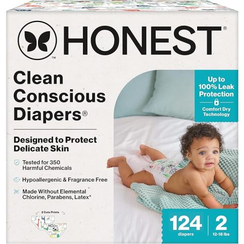 The Honest Company Clean Conscious Diapers for Sensitive Skin | Hypoallergenic, Fragrance Free | Gender Neutral Prints | Super Club Box, Size 2 (12-18 lbs), 124 Count