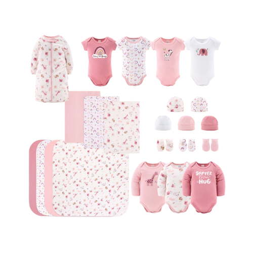 The Peanutshell Newborn Layette Gift Set for Baby Girls, 23 Essential Pieces, Pink Rainbow Safari Animals, 0-3 Months