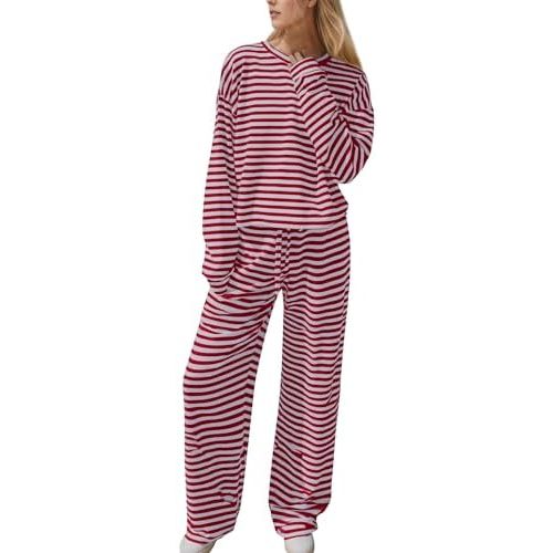 Ythomm Striped Pajamas Womens 2 Piece Sets Long Sleeve Tee Shirts Drawstring Wide Leg Pants Matching Sets Fall Lounge Outfits