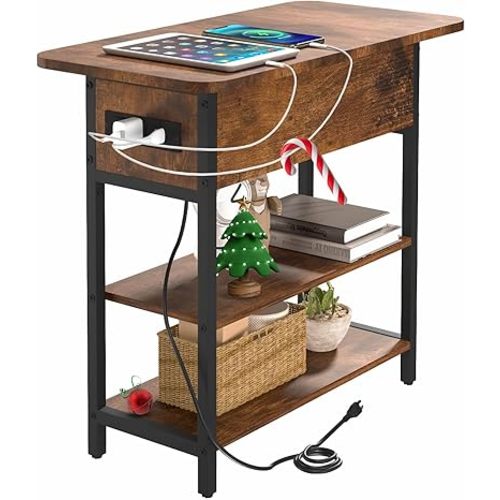 Yoobure End Table with Charging Station, Flip Top Side Table with USB Ports and Outlets, Sofa Couch Table Bedside Table for Living Room Bedroom, Narrow Nightstand with Storage Shelves for Small Space