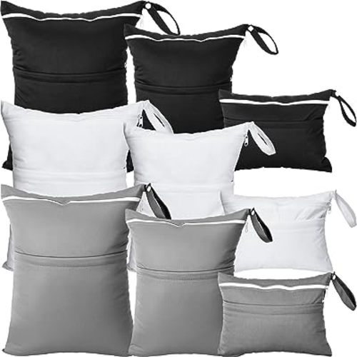 Windyun 9 Pcs Wet Dry Bags for Baby Cloth Diaper Wet Bag Waterproof Reusable Cloth Diaper Bag with Two Zippered Pockets Travel Laundry Bag for Swimsuit Beach Pool Daycare Yoga Gym Dirty Wet Clothes