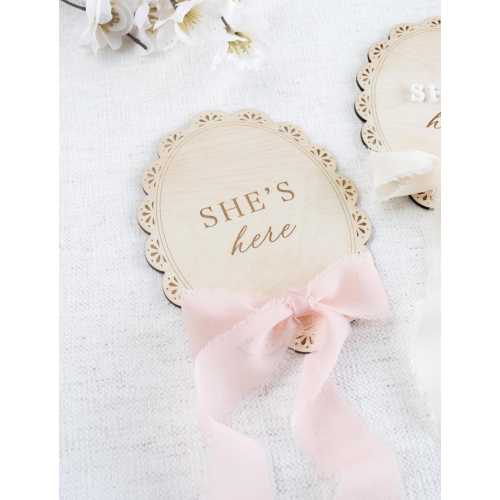 Wooden Lace She's Here Baby Birth Announcement, Hospital Sign, Ribbon Milestone Marker for girl, Nursery, Baby Shower Gift, gender reveal
