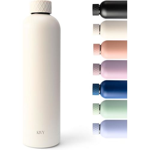 KIVY Stainless Steel Insulated Water Bottle 32oz | Leak Proof BPA-Free Metal Water Bottle - Stainless steel water bottle stainless steel - Slim water bottle no straw - White water bottle screw top