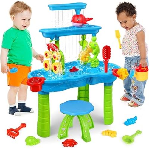 AOKESI Water Table for Toddlers 1-3,Outdoor Kids Water Play Table Rain Showers Splash Pond Sand, 3-Tier Sensory Activity Sand Table, Summer Beach Backyard Activities Water Toys for Toddlers Boys Girls