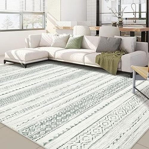 Green Rug Living Room Rugs: 9x12 Washable Boho Large Neutral Soft Farmhouse Stain Resistant Modern Non Slip Indoor Floor Carpet for Bedroom Nursery Kids Playroom Office Dining Room Home Decor